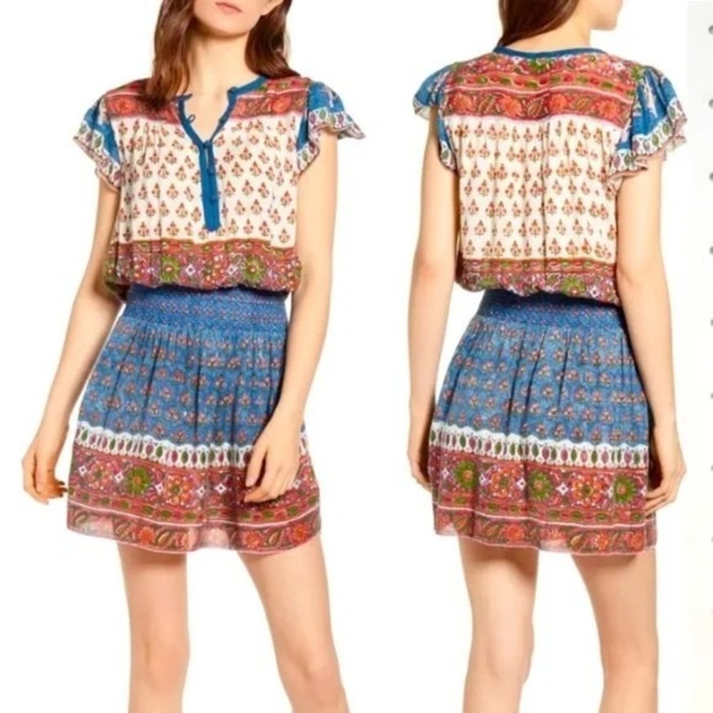 Faherty Bemini Mini Dress Size Large Multi Kapu Beach Hand Paint Drop Waist Boho